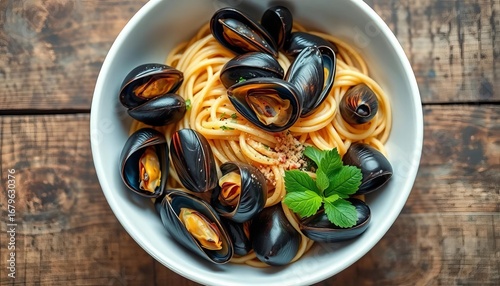 Overhead shot of delicious seafood pasta with mussels in a white bowl on rustic wood,  stock photo,  plate