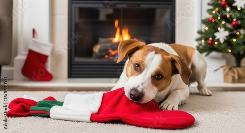Cute dog enjoying a Christmas stocking by the fireplace