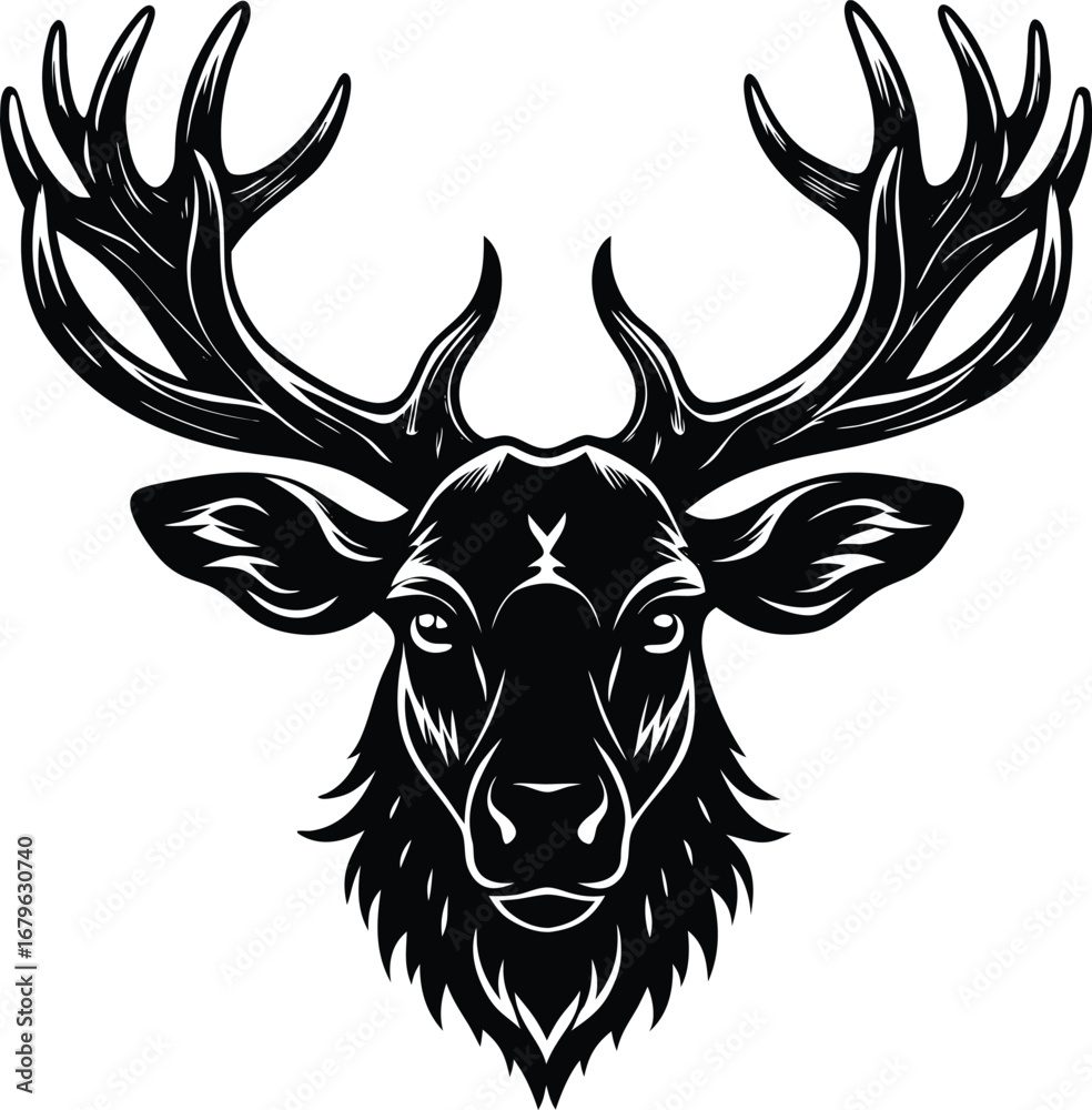 Obraz premium Vector art of majestic stag head with large, branching antlers, showcasing a noble and wild spirit, depicted in a striking black and white graphic illustration