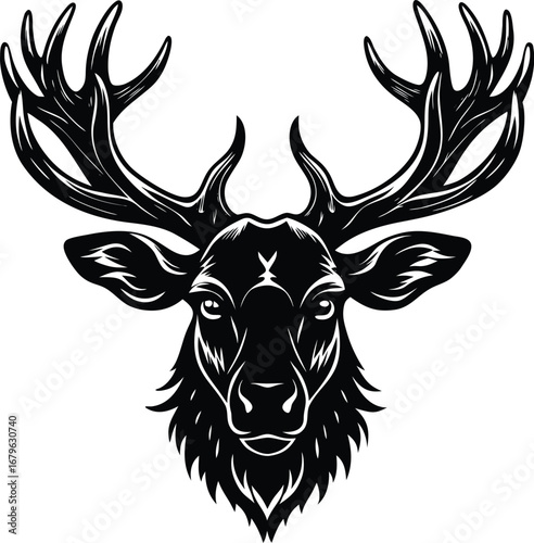 Vector art of majestic stag head with large, branching antlers, showcasing a noble and wild spirit, depicted in a striking black and white graphic illustration