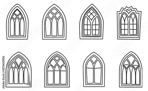 Set of black and white gothic arched window illustrations. Vector collection of medieval architectural design elements for cathedrals