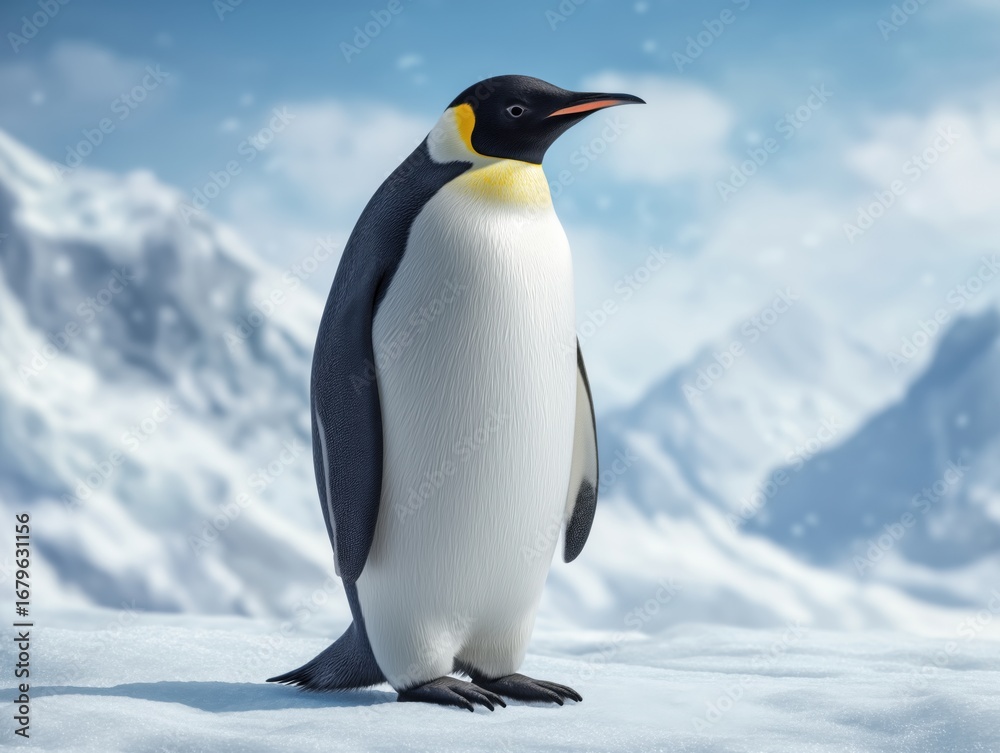 Fototapeta premium Emperor penguin standing on snow-covered landscape, surrounded by icy mountains, showcasing its distinctive black and white plumage and vibrant orange markings in a serene winter environment