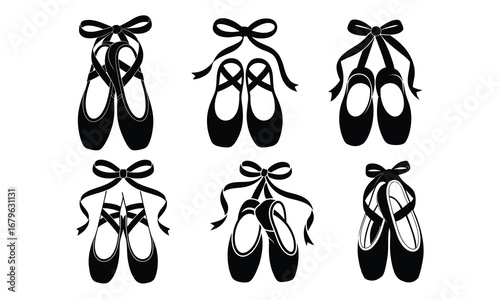 Pointe shoes bundle silhouette set of ballet shoes in classic positions isolated on white background.