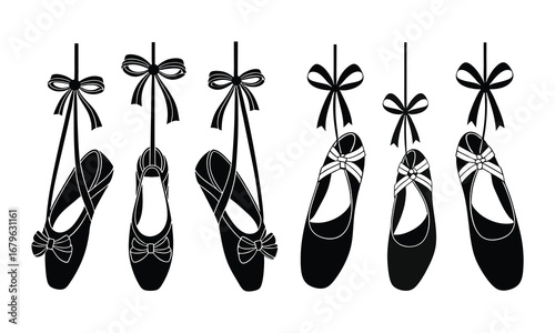 Hand drawn vector ballet shoes silhouette. Ballet pointe shoes Dancing shoes on the ribbon.