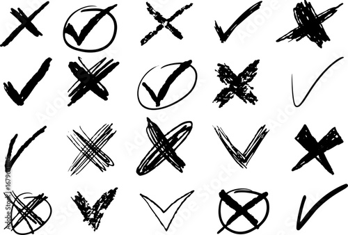 Check marks, X marks, hand-drawn grunge-style checkmarks and crosses in various sketchy styles.