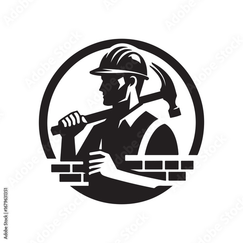 construction worker vector silhouette clip art logo design illustration. construction tools with worker icon set collections