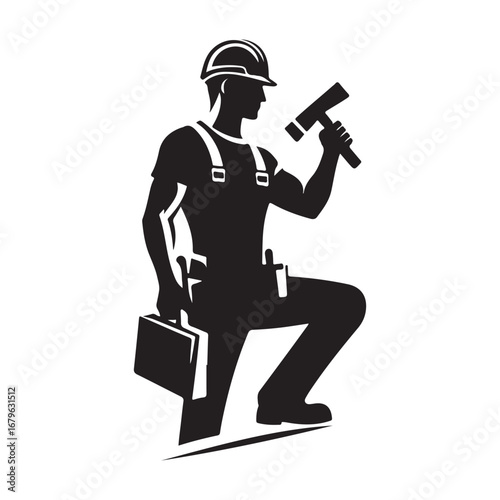 construction worker vector silhouette clip art logo design illustration. construction tools with worker icon set collections