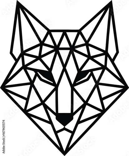 Vector art of geometric black fox head logo design, , featuring sharp lines and a polygonal style, symbolizing cunning and intelligence