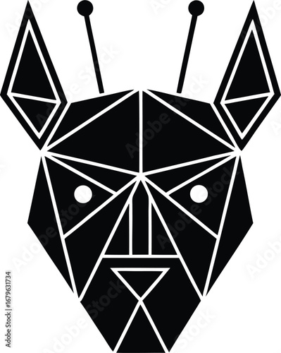 Vector art of abstract geometric black and white dog or fox head logo, , symbolizing loyalty, intelligence, and wildness