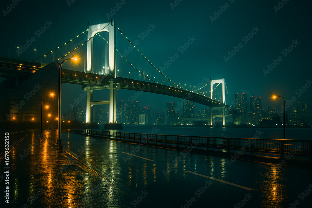 Obraz premium Illuminated suspension bridge at night with glowing streetlights and wet road reflecting city skyline in the rain 
