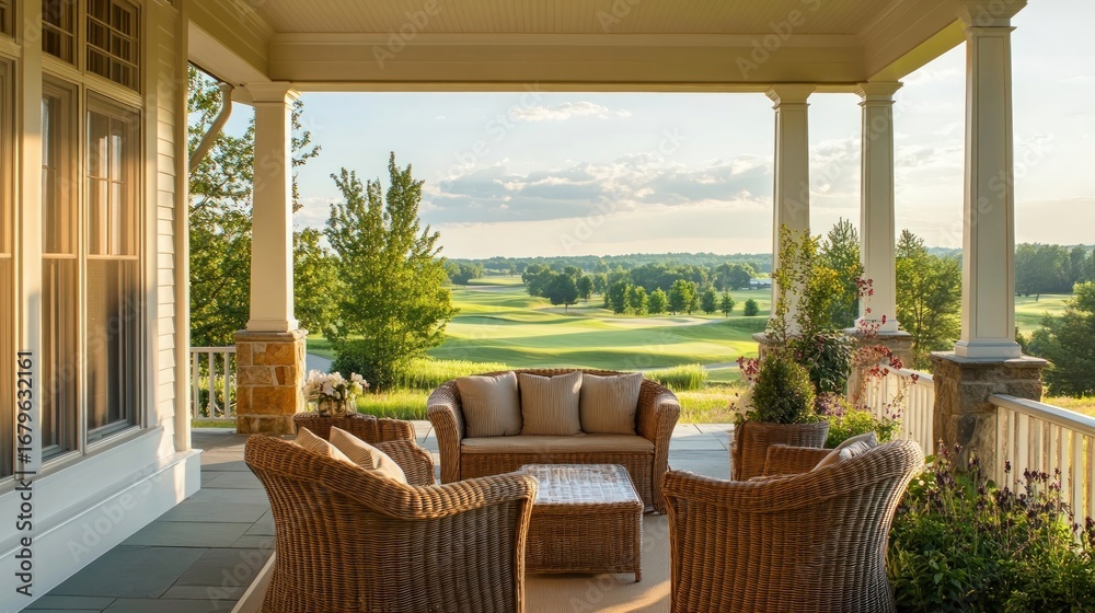 Fototapeta premium Wicker patio set on porch overlooking golf course
