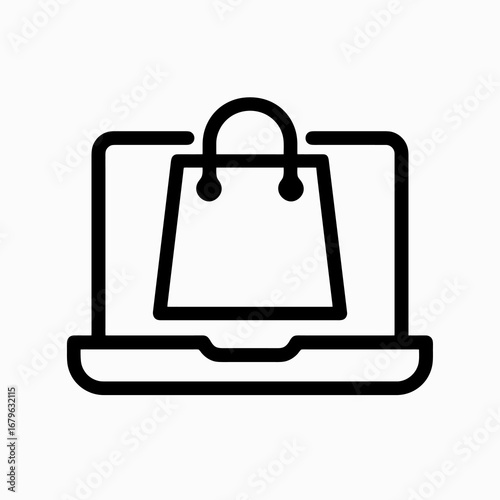 Black laptop with shopping bag icon in flat vector style, white background, perfect for e-commerce apps, digital stores, and online shopping platforms.