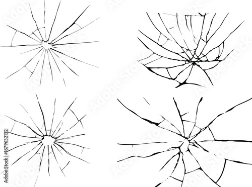 broken glass transparent vector illustration with radiating cracks in an abstract design. shattered glass texture with intricate cracks radiating from center, creating dramatic and chaotic pattern