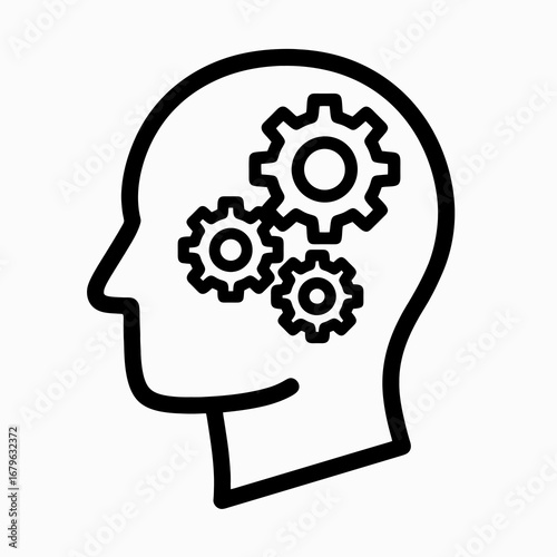 Flat black human head with gears icon on white background, ideal for IT apps, management systems, and technology organization tools.