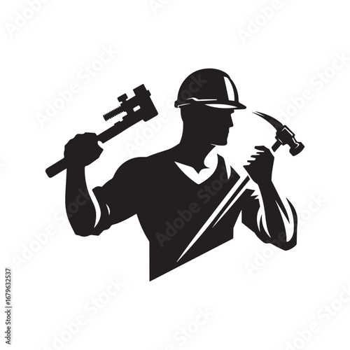 construction worker vector silhouette clip art logo design illustration. construction tools with worker icon set collections