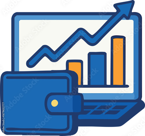 This image shows a blue wallet in front of a laptop screen displaying an upward-trending graph and bar chart, symbolizing financial growth and investment.