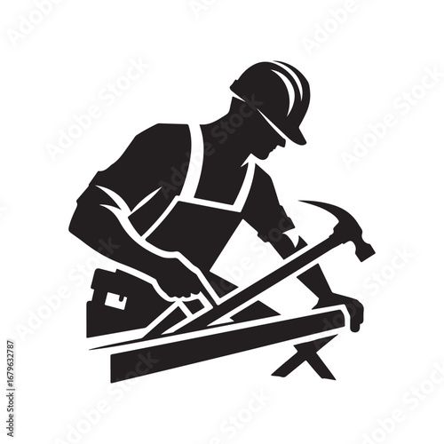 construction worker vector silhouette clip art logo design illustration. construction tools with worker icon set collections
