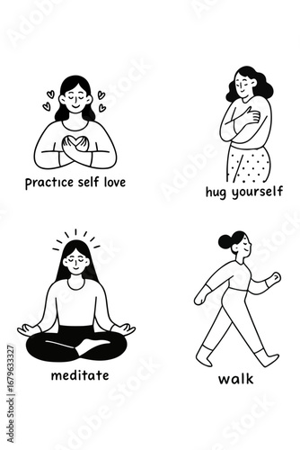 Self-Love and Care Practices, black and white vector illustration. Women/girl self love. Taking care of yourself