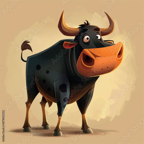 cartoon, illustration, bull, drawing, vector, animal, design, cow, character, cute, art, isolated, graphic, farm, happy, mascot, cattle, symbol, funny, fun, wild, icon, buffalo, mammal, horn, cheerful