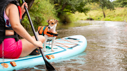 Jack Russell Terrier dog in life jacket on SUP paddleboard with owner on river