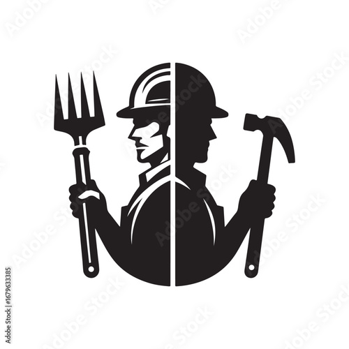 construction worker vector silhouette clip art logo design illustration. construction tools with worker icon set collections