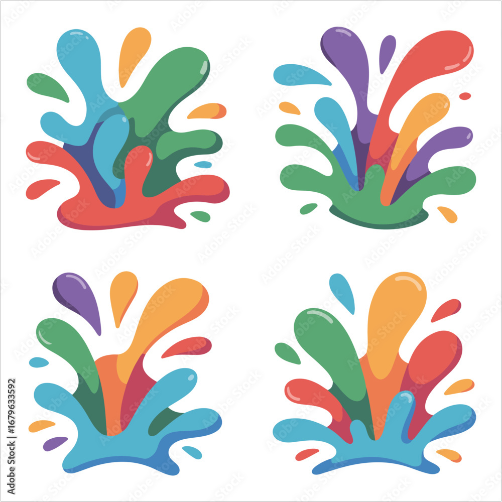 Obraz premium Vibrant splash silhouettes in flat vector style with swirling curves and bright colors. Perfect for branding, logos, posters, and creative digital art projects