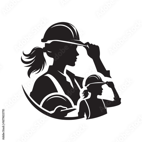 construction worker vector silhouette clip art logo design illustration. construction tools with worker icon set collections