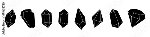 Black crystals. Precious stones and diamonds. Gemstones, amethyst, ruby, sapphire, emerald, topaz and quartz. Vector illustration