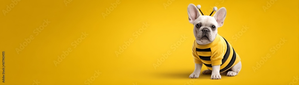 Fototapeta premium Cute Dog Dressed as a Bee for Halloween on Bright Yellow Background