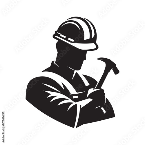 construction worker vector silhouette clip art logo design illustration. construction tools with worker icon set collections