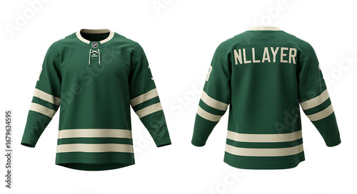 Detailed Green Ice Hockey Jersey Front and Back Mockup with NHL Logo, Beige Stripes, Lace-Up Neck, Transparent Background