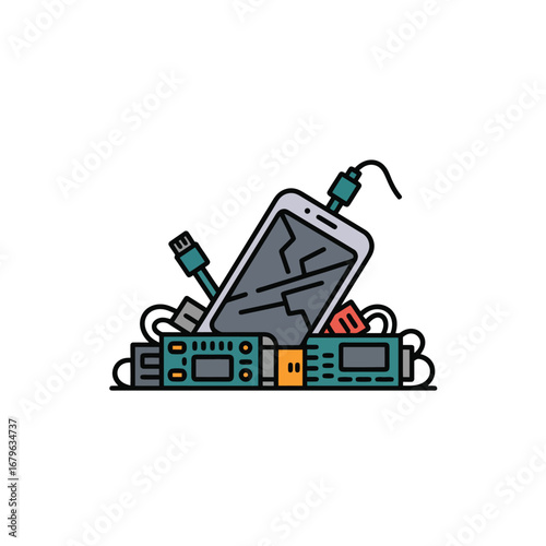 Pile of Broken Electronics with Cables Featuring a Cracked Phone Screen