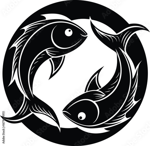 Vector art of black and white illustration of the pisces zodiac symbol featuring two fish swimming in a circle