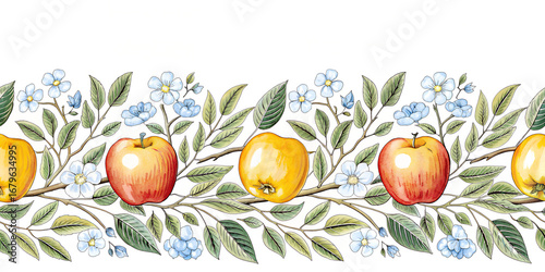 Watercolor apple border with green leaves hand-painted fruit clipart for packaging, textiles, and decor
