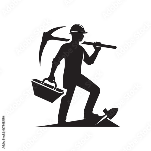construction worker vector silhouette clip art logo design illustration. construction tools with worker icon set collections