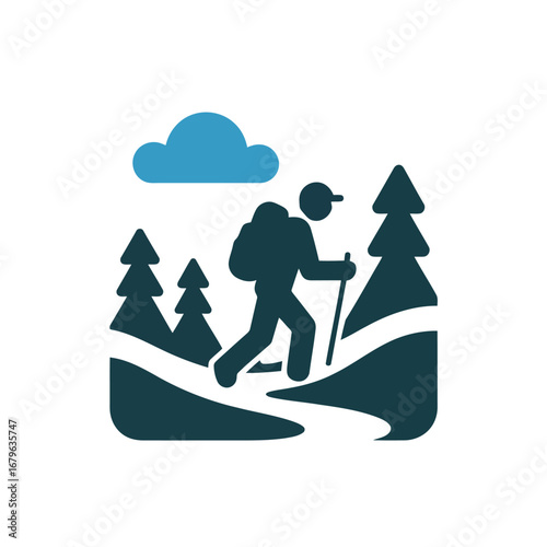 Man Hiking Through Mountain Forest With Tall Pine Trees Under Cloudy Sky Vector Illustration