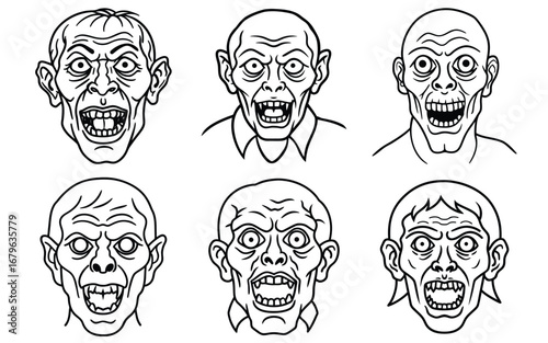 terrifying zombie faces with open mouths and vacant eyes in a vintage illustration style. Terrifying Zombie Faces Set Illustration