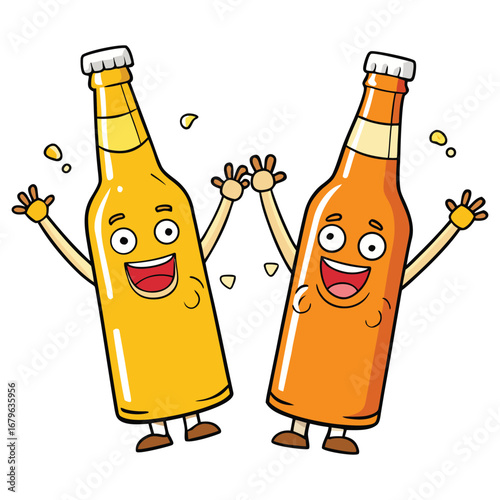 Two happy cartoon beer bottles cheering and celebrating together with arms raised. Happy Beer Bottles Cartoon