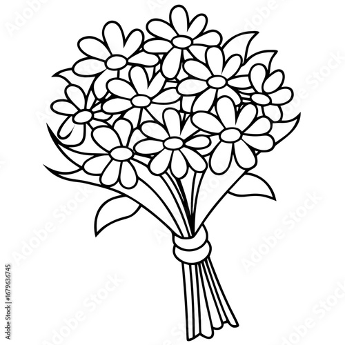 Bouquet of daisies in a simple black and white outline drawing for coloring.