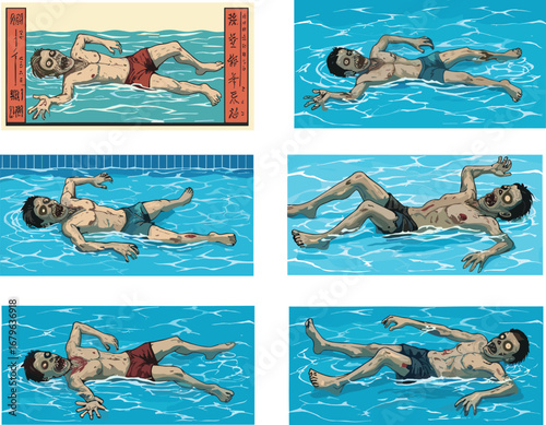 Zombie floating in swimming pool, funny undead character in water, horror cartoon illustration, apocalypse survival concept, comic art