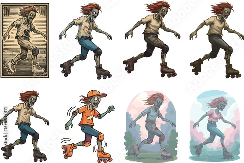 Zombie roller skating cartoon illustration, undead character on skates, funny horror artwork, apocalypse survival concept, comic drawing design