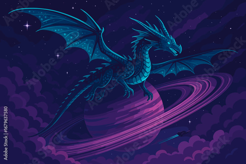 Majestic dragon flying in outer space near a vibrant planet with rings and stars