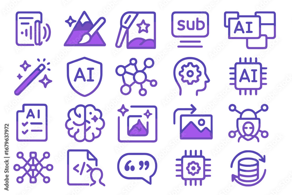 Fototapeta premium Collection of colorful icons representing artificial intelligence and digital creativity tools