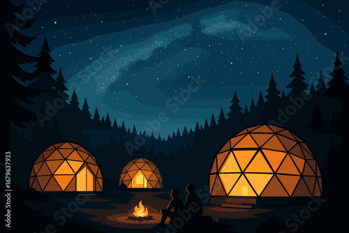 Cozy night at a glamping site with dome tents under a starry sky in the forest