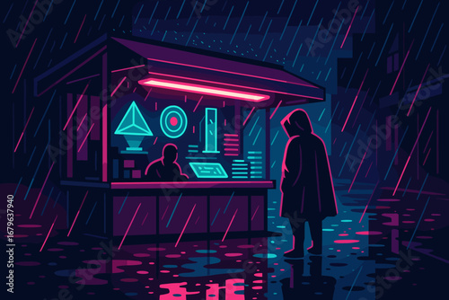 Urban street vendor illuminated by neon lights during a rainy night in a vibrant cityscape