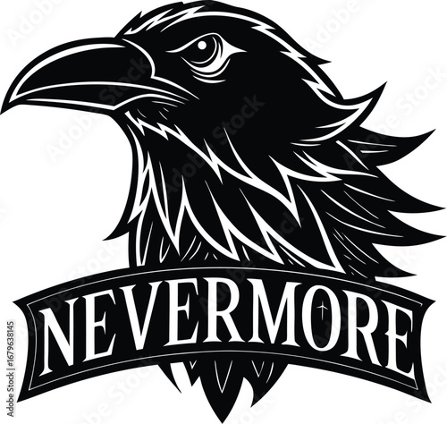 Vector art of a striking black and white illustration of a ravens head with the word nevermore below it, isolated on a