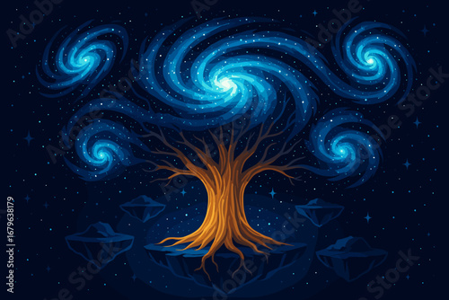 Cosmic tree growing from floating rocks in a starry night sky filled with swirling galaxies and bright stars