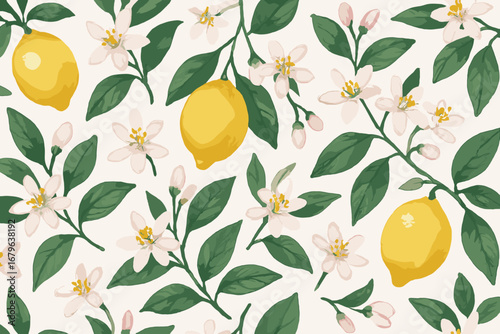 Vibrant lemon and floral pattern with green leaves on a light background