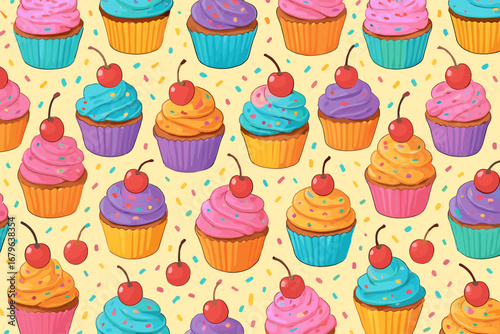 Colorful cupcake pattern with cherries and sprinkles on a light background