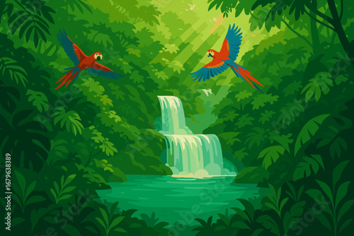 Vibrant rainforest scene with macaws and a serene waterfall under sunlit canopy